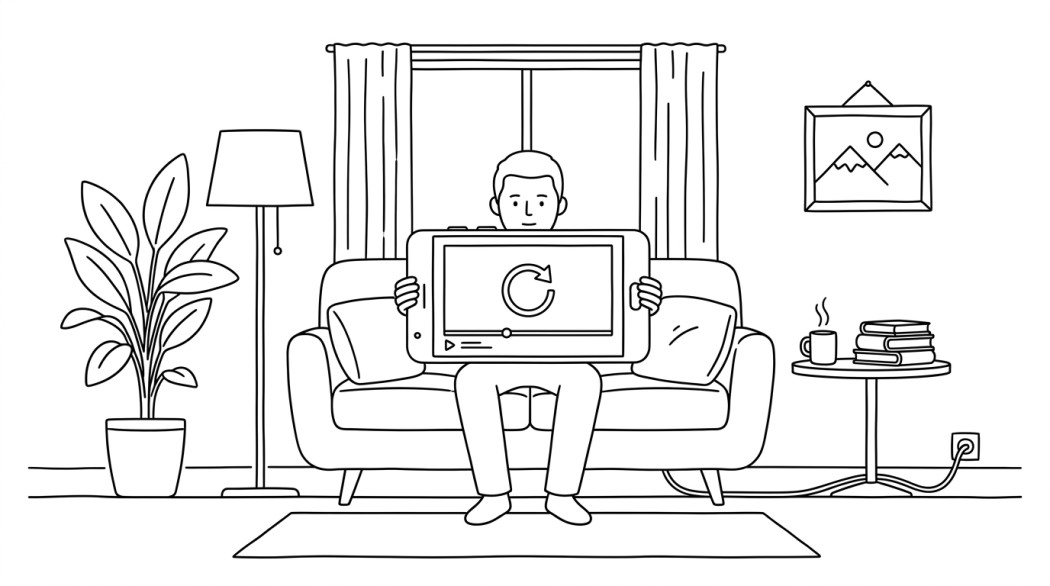 Black-and-white line illustration: a minimal Notion-style scene representing how to loop a youtube video on android: 3 ways that actually work.