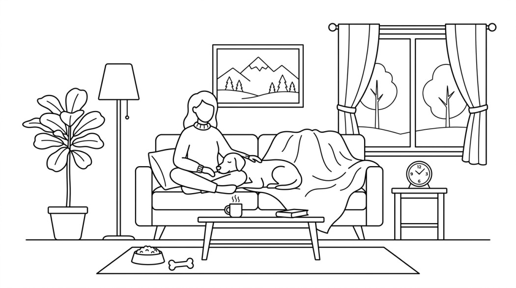 Black-and-white line illustration: a minimal Notion-style scene representing luciphia pet blankets deliver cozy comfort, protection & great value.