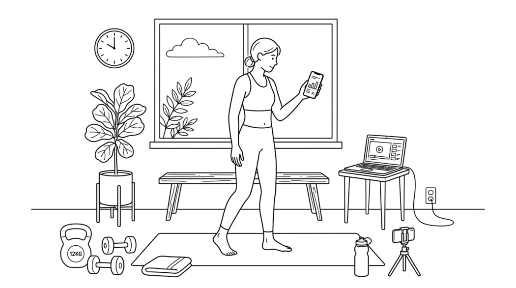 Black-and-white line illustration: a minimal Notion-style scene representing mad muscles review: is the ai fitness app worth the subscription?.
