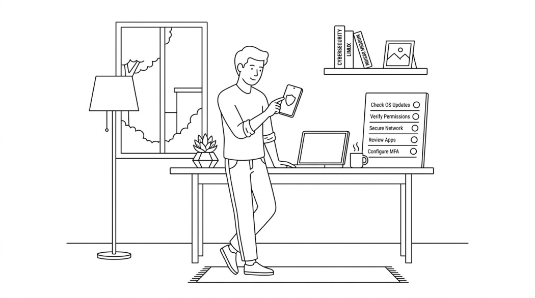 Black-and-white line illustration: a minimal Notion-style scene representing how to make android browsing safer (a practical checklist).