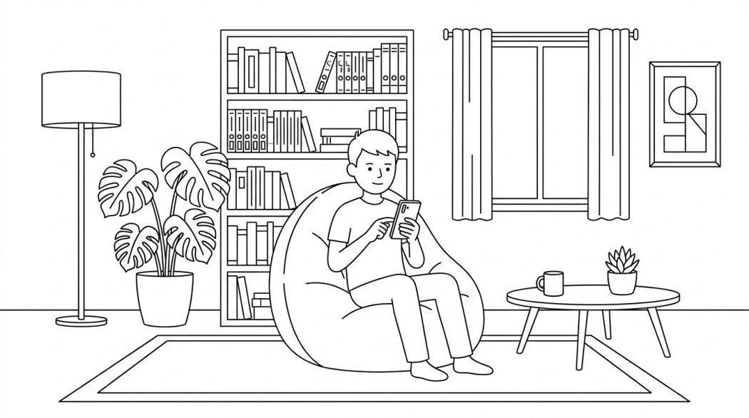 Black-and-white line illustration: a minimal Notion-style scene representing 10 best legal manga reader apps for android.