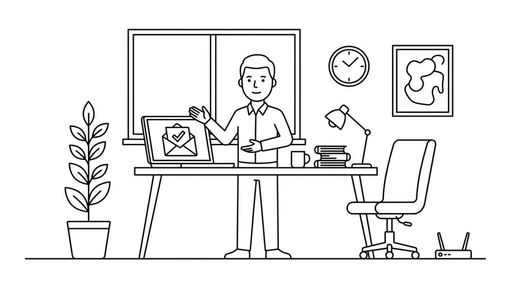 Black-and-white line illustration: a minimal Notion-style scene representing mass email marketing for businesses: avoid the spam folder.