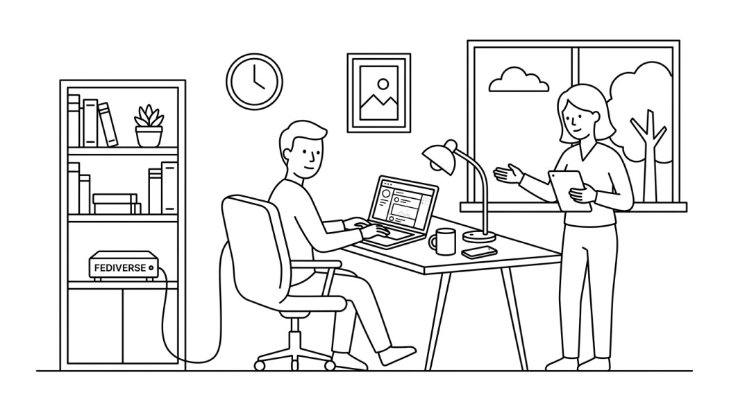 Black-and-white line illustration: a minimal Notion-style scene representing why mastodon is worth joining in 2026 (fediverse).
