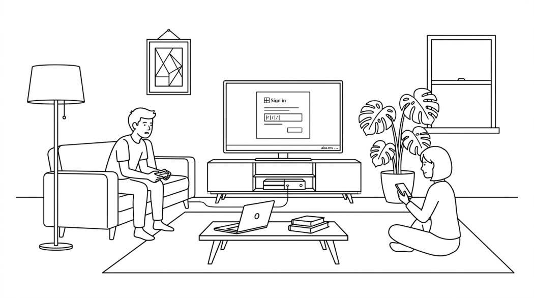 Black-and-white line illustration: a minimal Notion-style scene representing what is aka.ms/remoteconnect: the minecraft cross-play sign-in explained.