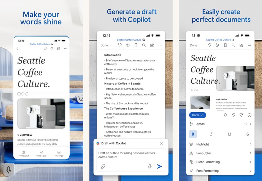 Microsoft Word screenshots on Android