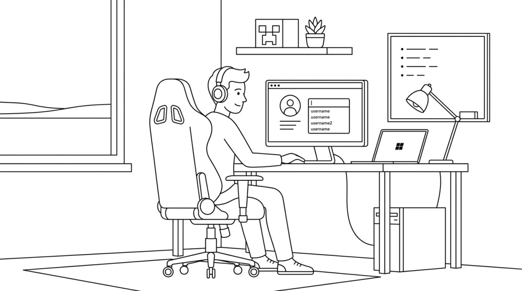 Black-and-white line illustration: a minimal Notion-style scene representing 1000+ minecraft username ideas (best, cute, aesthetic, funny, and how to migrate to a microsoft account).