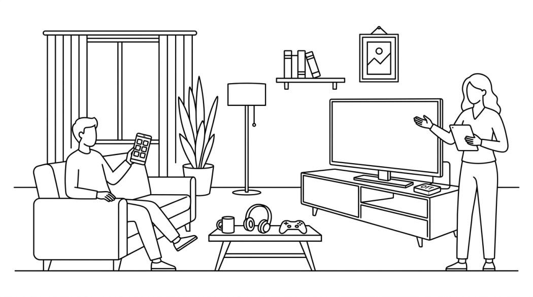 Black-and-white line illustration: a minimal Notion-style scene representing how mobile apps are transforming the entertainment industry.