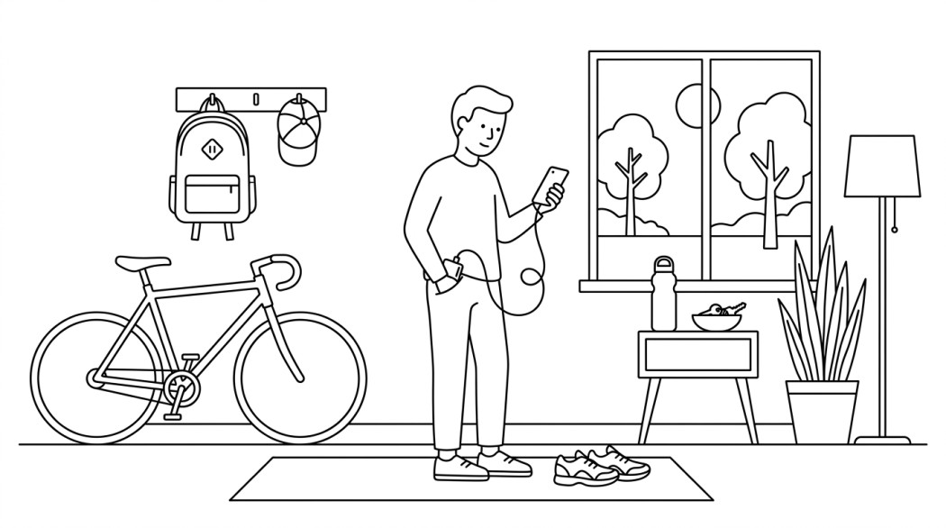 Black-and-white line illustration: a minimal Notion-style scene representing legitimate ways to play pokémon go efficiently (no spoofing).