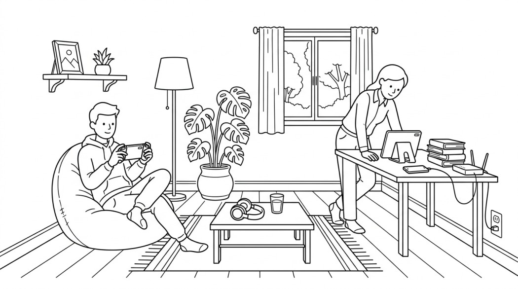 Black-and-white line illustration: a minimal Notion-style scene representing 10 android-compatible games worth playing (hardware-honest picks).