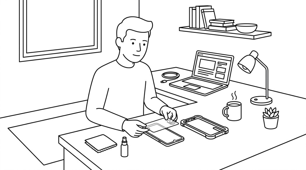 Black-and-white line illustration: a minimal Notion-style scene representing moto g8 cases and screen protectors (retrospective buying guide for existing owners).