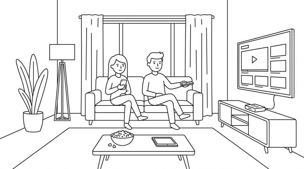 Black-and-white line illustration: a minimal Notion-style scene representing 15+ free apps to watch movies & tv shows (legal & unofficial).