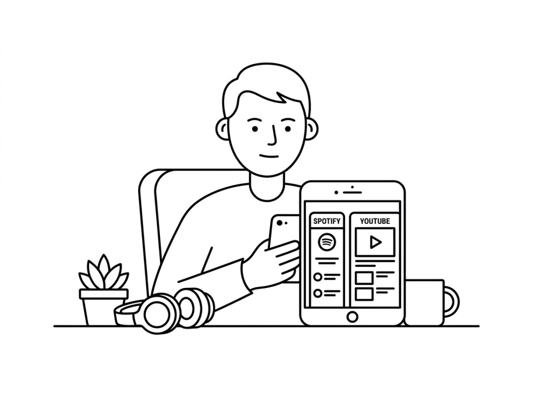 Black and white line illustration representing what about spotify and youtube music.