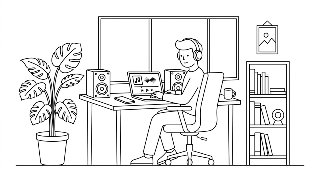 Black-and-white line illustration: a minimal Notion-style scene representing the best legal sites to download free music (mp3 and lossless).