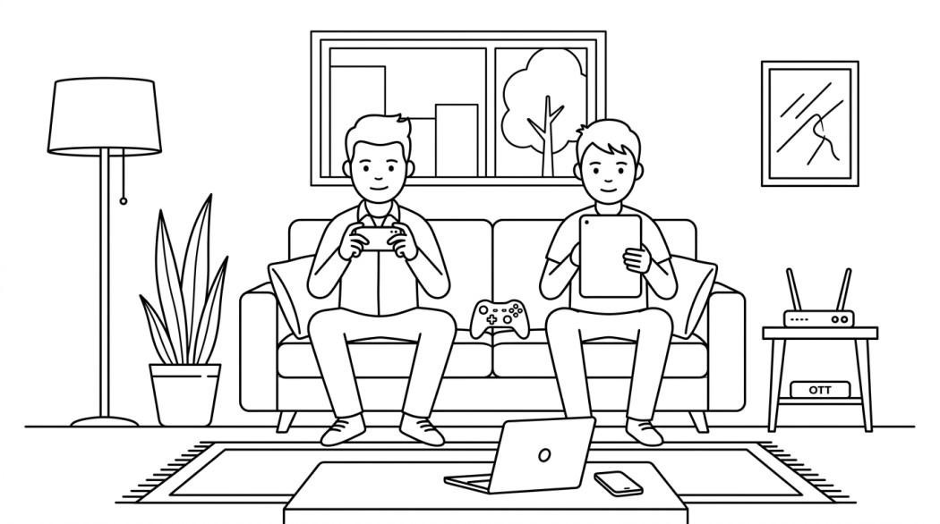 Black-and-white line illustration: a minimal Notion-style scene representing the best free multiplayer games on android (co-op, pvp, cloud, and the cross-platform picks).