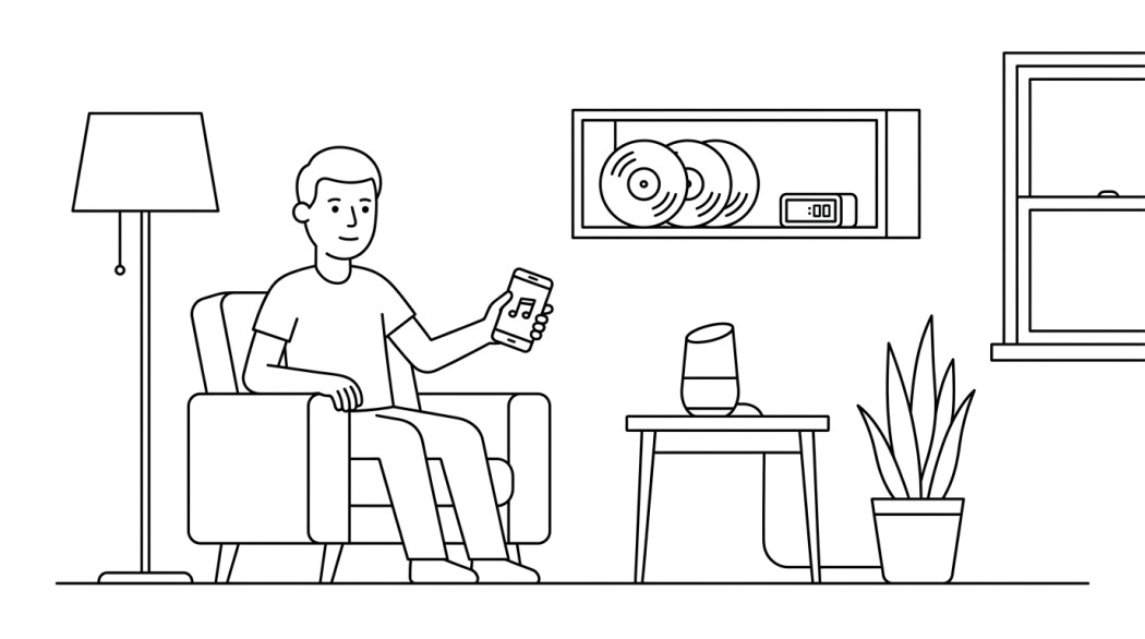 Black-and-white line illustration: a minimal Notion-style scene representing the best music recognition apps for android (shazam, pixel now playing, aha music, and the ai-audio niche).