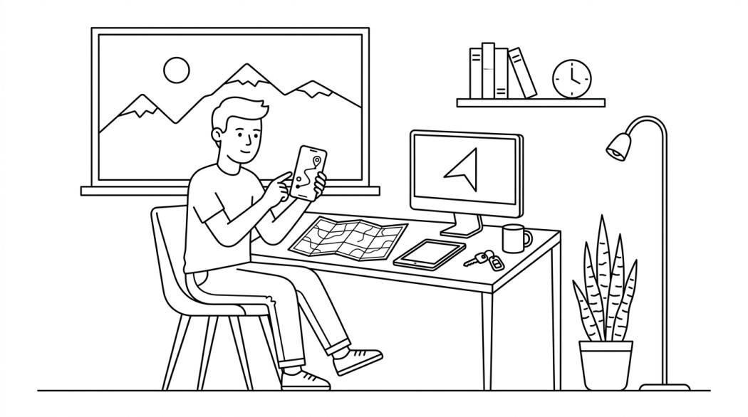 Black-and-white line illustration: a minimal Notion-style scene representing best gps navigation apps and google maps alternatives for android.