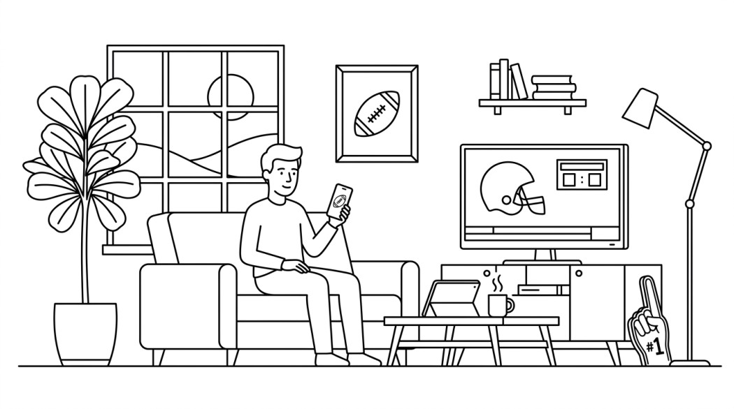 Black-and-white line illustration: a minimal Notion-style scene representing 10 best android apps for following american football (nfl, college, fantasy).