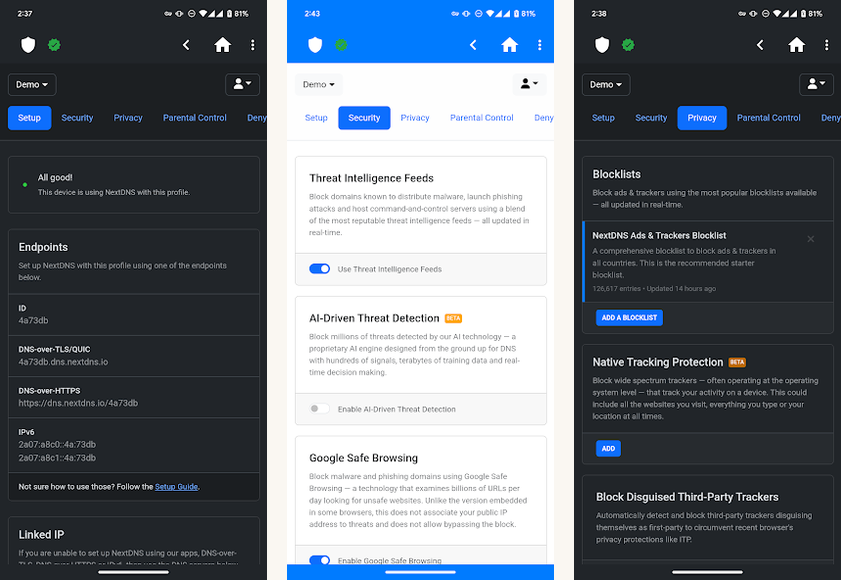 NextDNS screenshots on Android