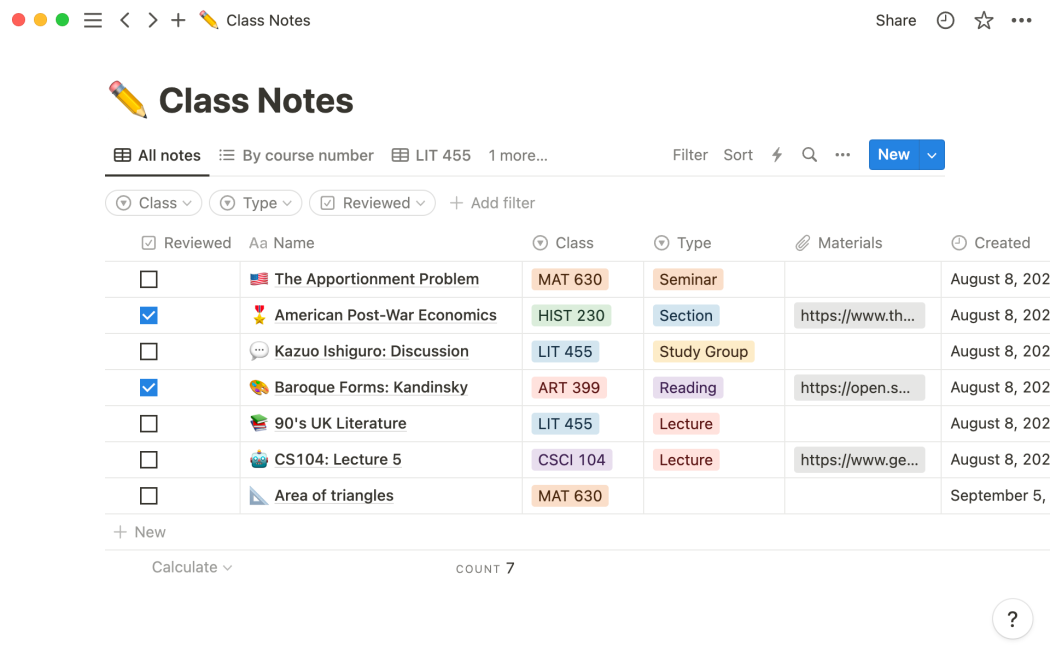 Notion (Notes, planning, and class-by-class organization) screenshot