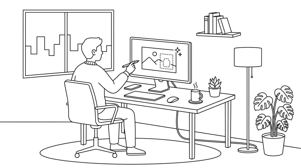 Black-and-white line illustration: a minimal Notion-style scene representing remove unwanted objects from photos with ai in 2026.