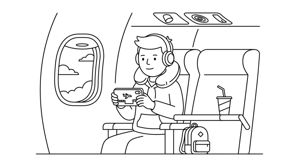Black and white line illustration of a traveler playing a game on an Android phone in an airplane seat with the device in airplane mode.