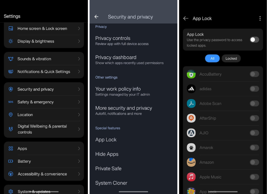 OnePlus App Locker (built-in) screenshot