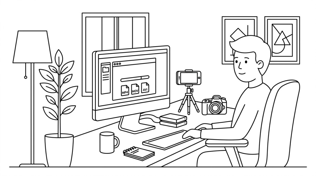 Black-and-white line illustration: a minimal Notion-style scene representing 10 online video repair tools tested for mp4, mov, avi, and phone footage.
