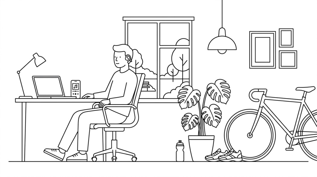 Black-and-white line illustration: a minimal Notion-style scene representing openrock s2 open-ear sports earbuds, designed for everyday use.