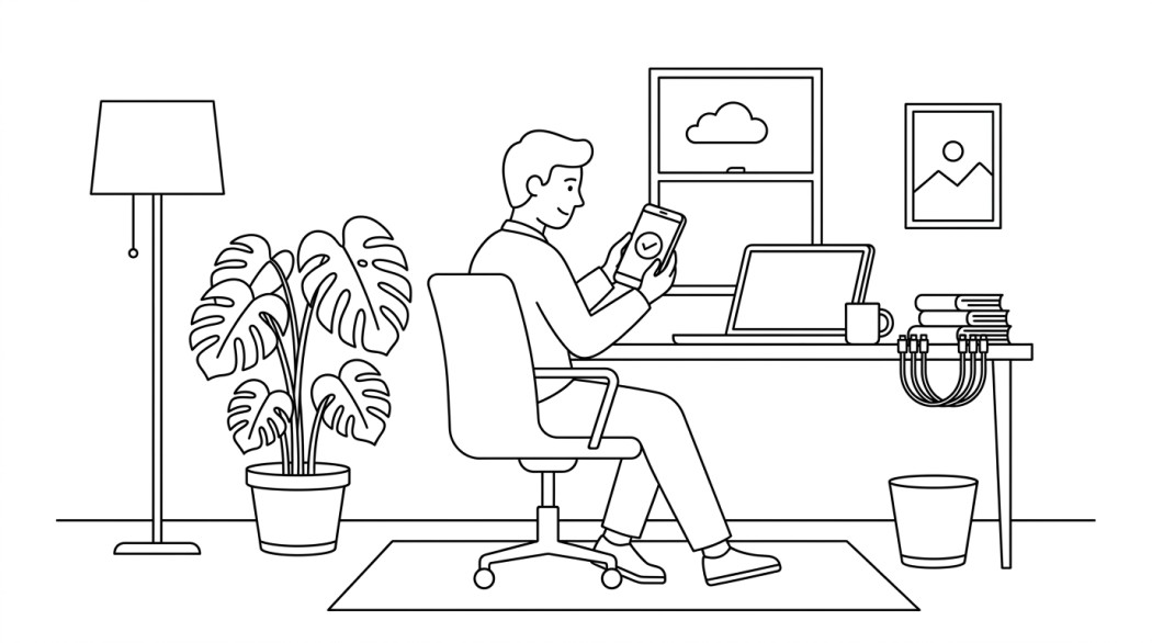 Black-and-white line illustration: a minimal Notion-style scene representing android cleaning apps: only 1 worth installing (files by google).