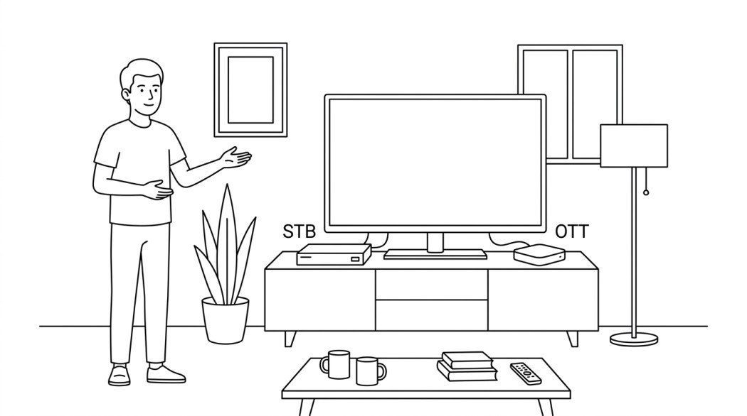 Black-and-white line illustration: a minimal Notion-style scene representing ott box vs. set-top box: understanding features, benefits, and usage.