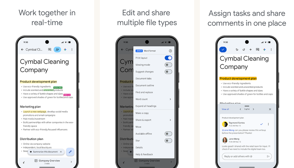Google Docs app screenshots on Android
