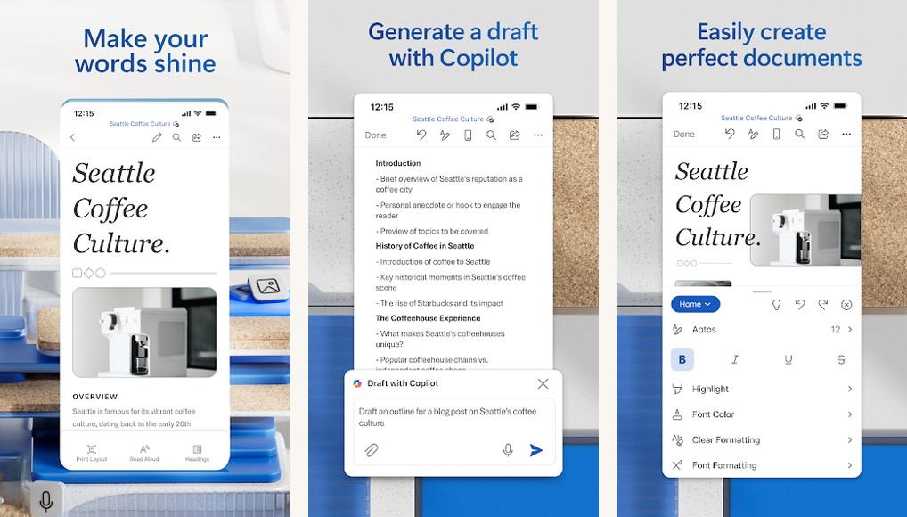 Microsoft Word app screenshots on Android