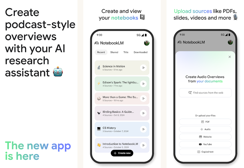 NotebookLM app screenshots on Android
