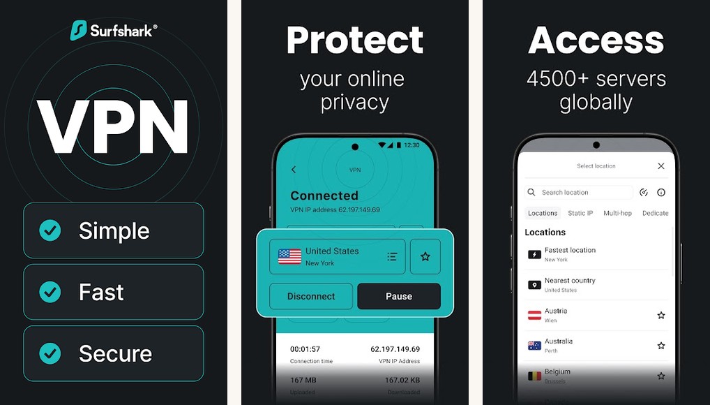 Surfshark app screenshots on Android