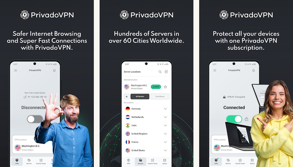 PrivadoVPN app screenshots on Android