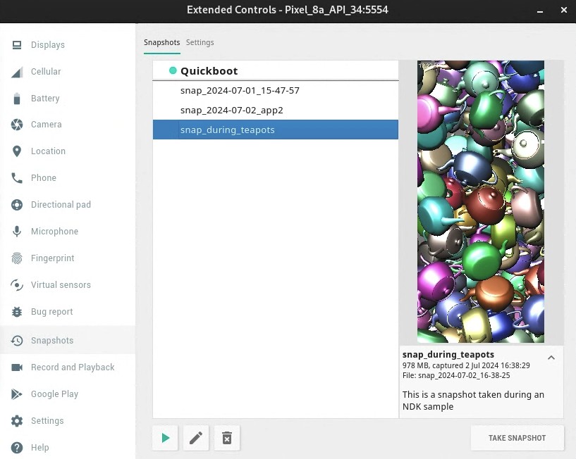Android Studio Emulator extended controls panel with a Pixel virtual device