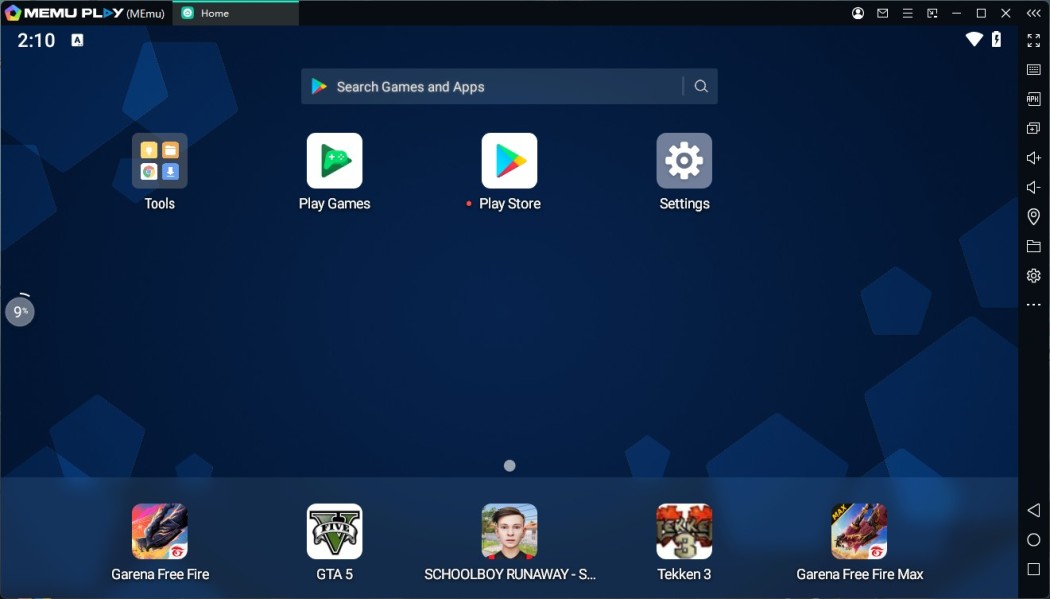 MEmu Play emulator home screen with the Android app grid