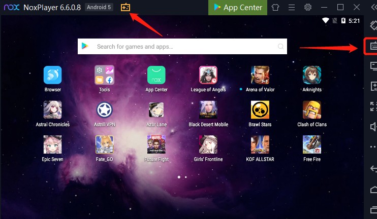 NoxPlayer emulator home screen with the App Center and app grid