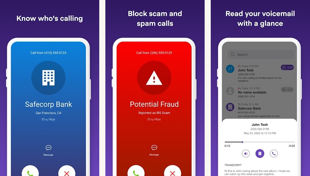 Hiya app screenshots on Android