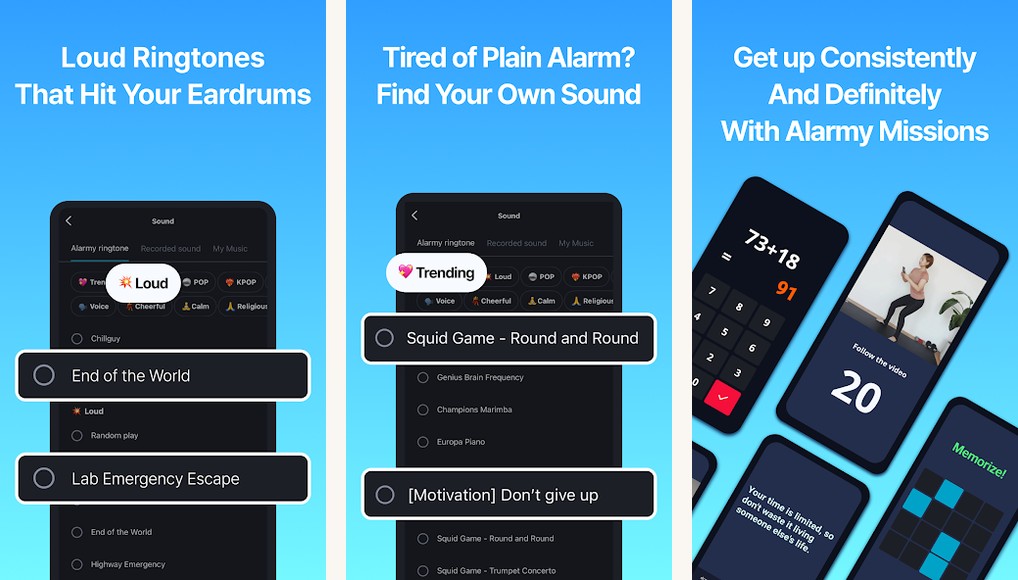Alarmy alarm app screenshots on Android