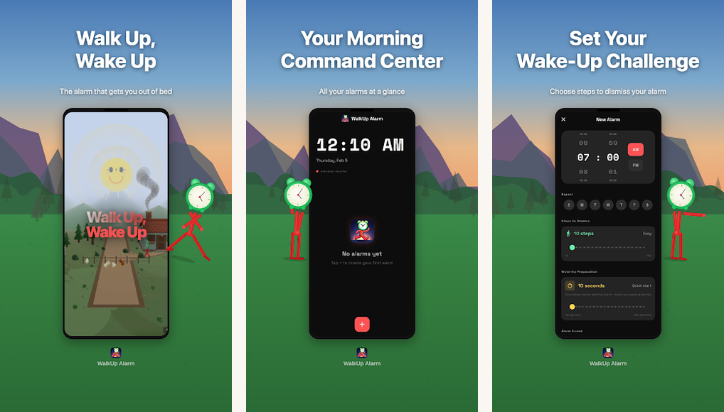 WalkUp Alarm app screenshots on Android