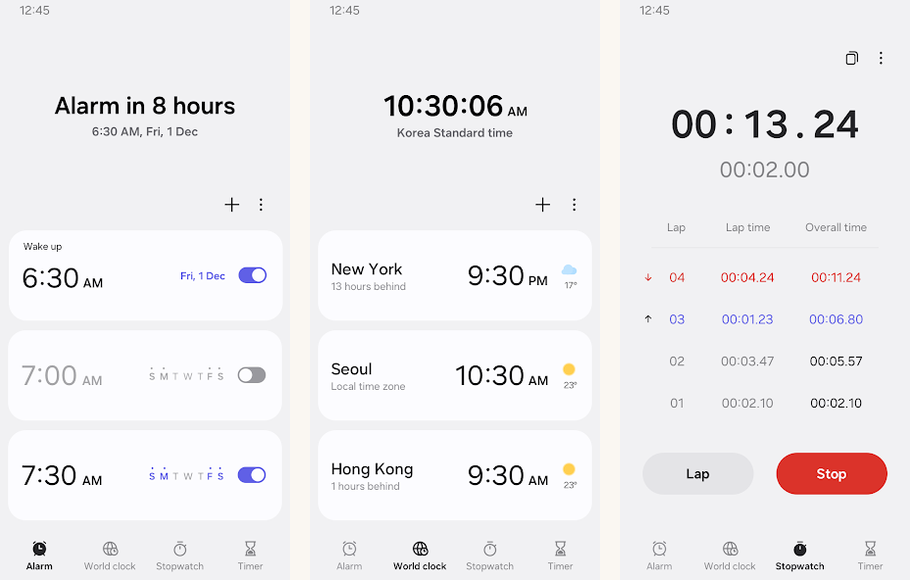 Samsung Clock app screenshots on Android