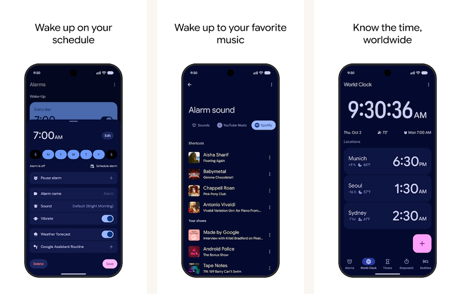 Google Clock app screenshots on Android
