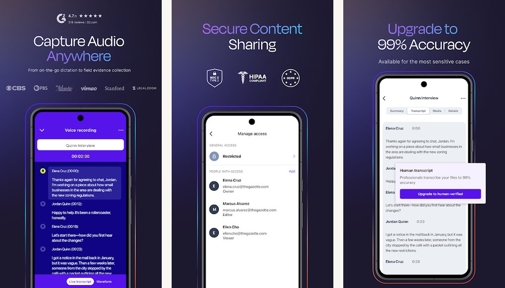 Rev app screenshots on Android
