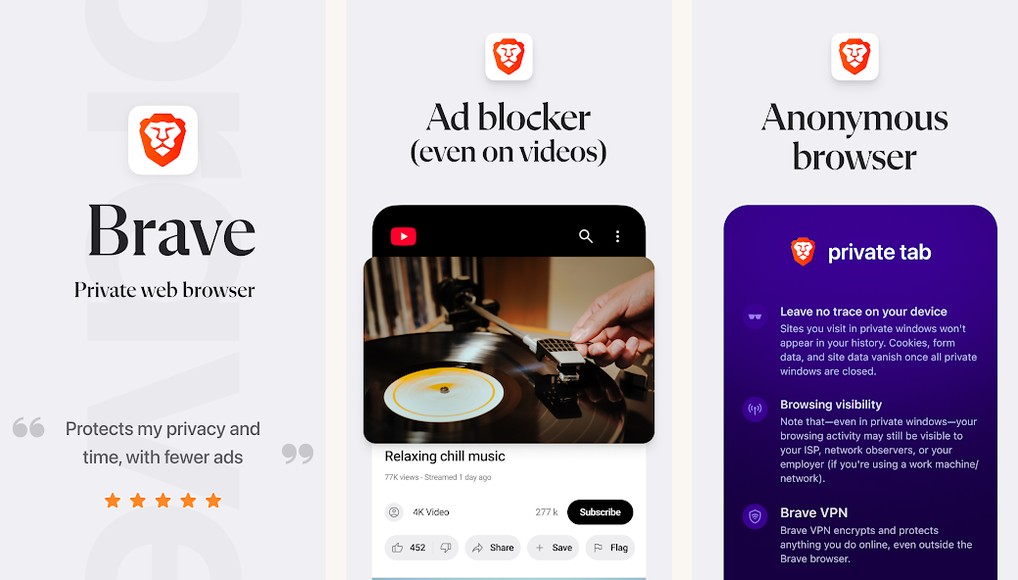 Brave app screenshots on Android