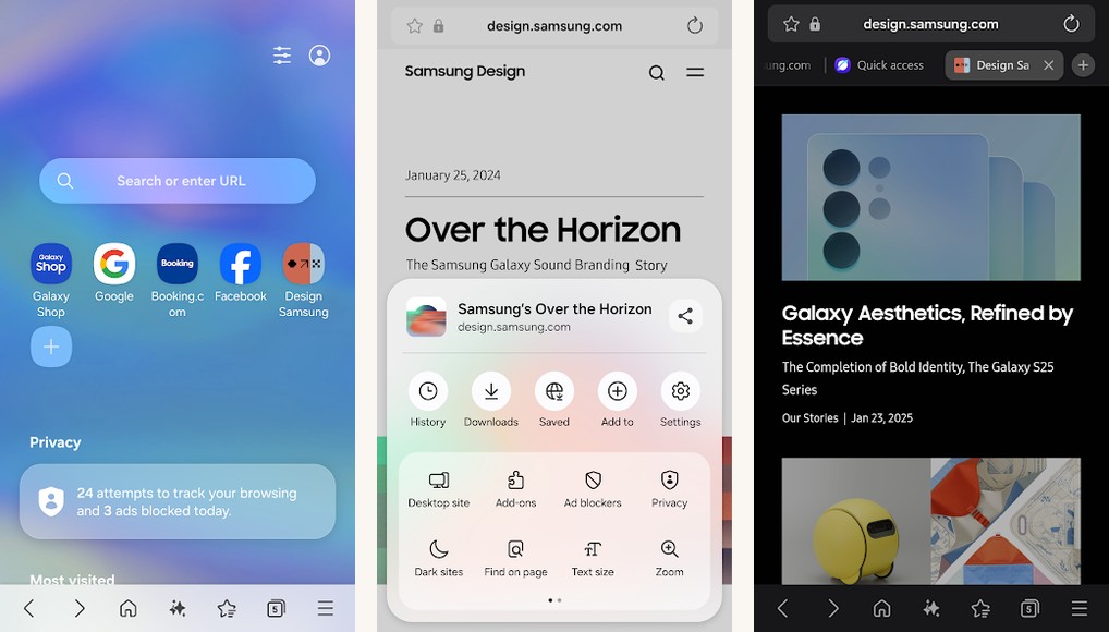 Samsung Internet app screenshots on Android