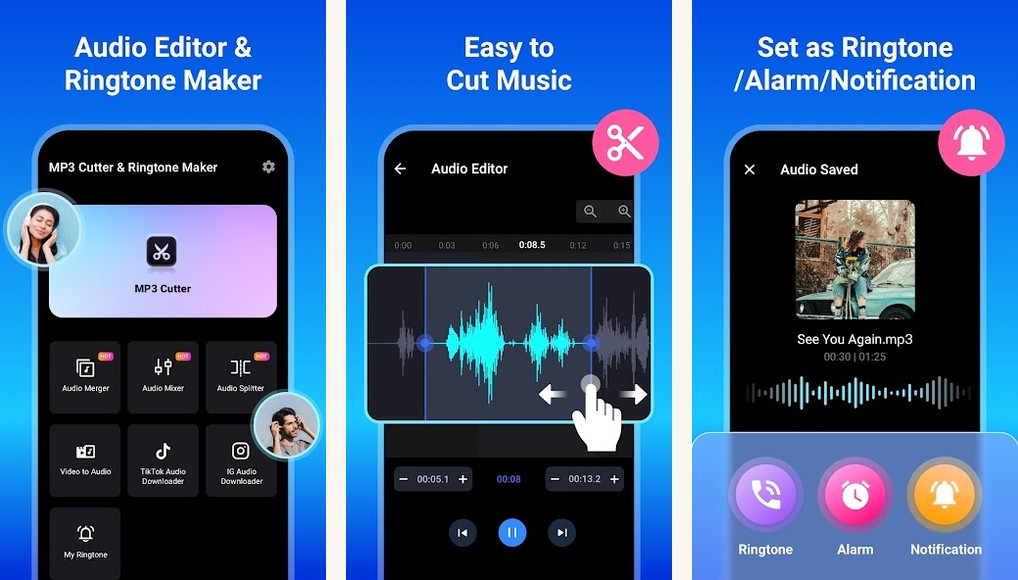 MP3 Cutter and Ringtone Maker app screenshots on Android
