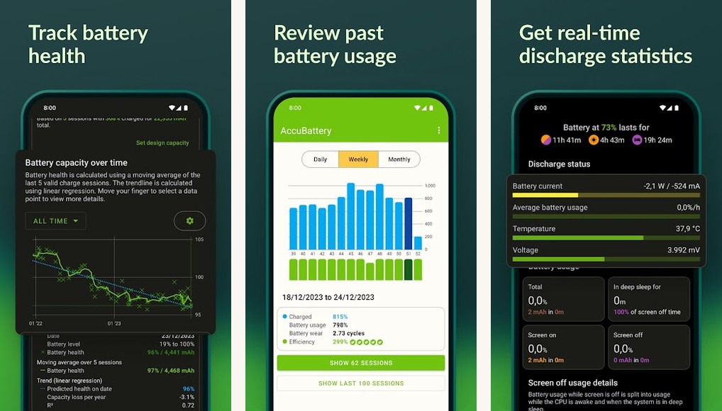 AccuBattery app screenshots on Android