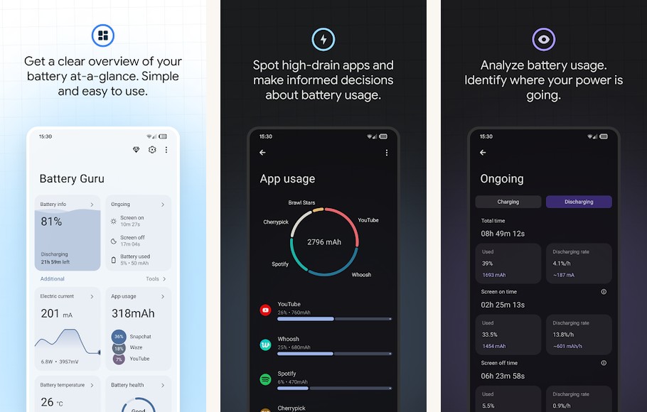 Battery Guru app screenshots on Android