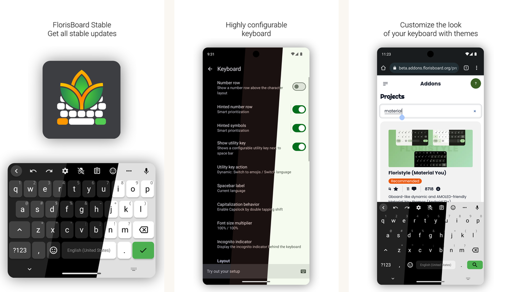 Florisboard app screenshots on Android